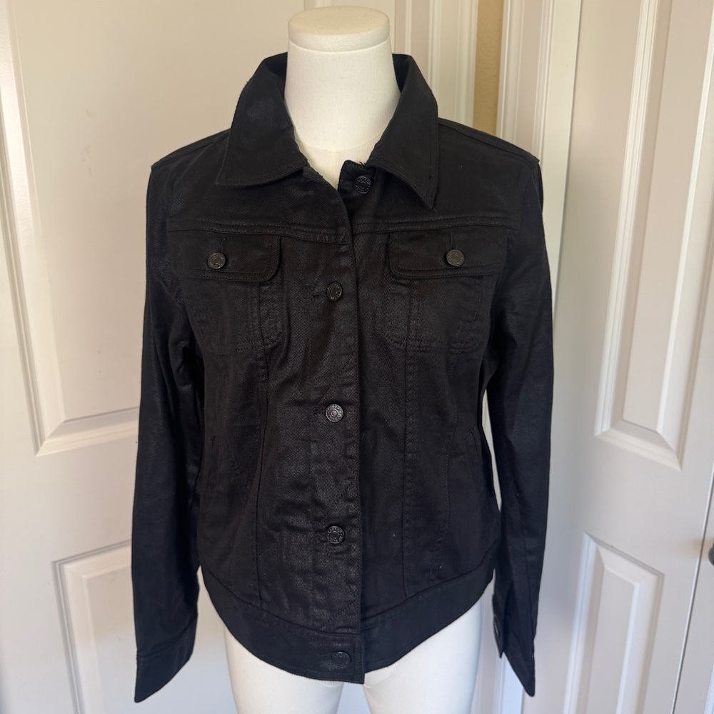 LRL Lauren Jeans Co Short Jacket Size Large Black Buttoned Matte Shimmer